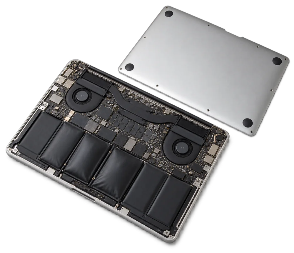 底のカバーを外し、膨らんだバッテリーが見えるMacBook(イメージ)