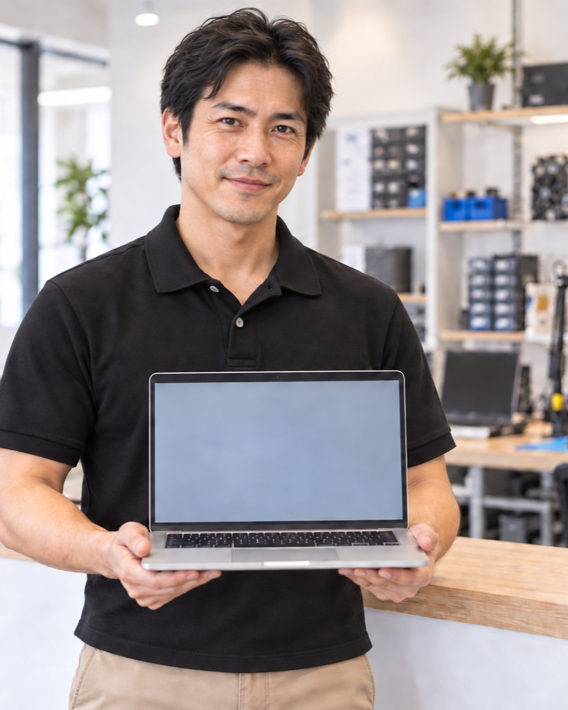 修理店のカウンターでノートパソコンを持つ技術者（イメージ）
