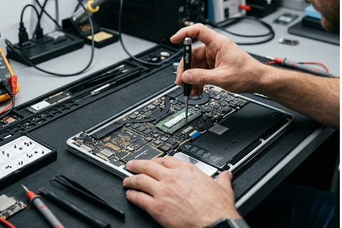 技術者がMacを点検している写真